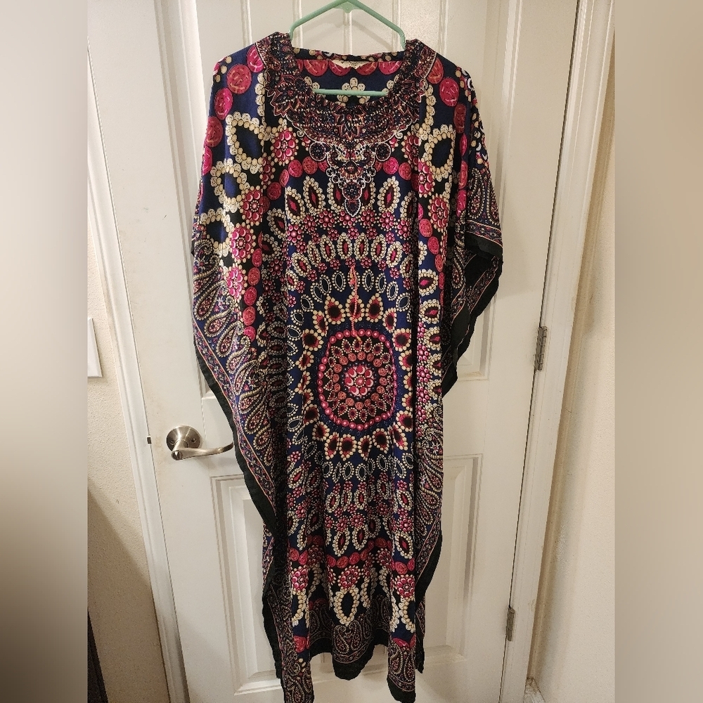 Mystique Kaftan Printed Boho Caftan Dress One Size Navy Pink Tassel